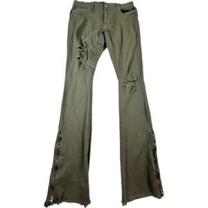 BoohooMAN Mens Distressed Stacked Flare Jeans Olive Green Zipper Ankle Size 32R